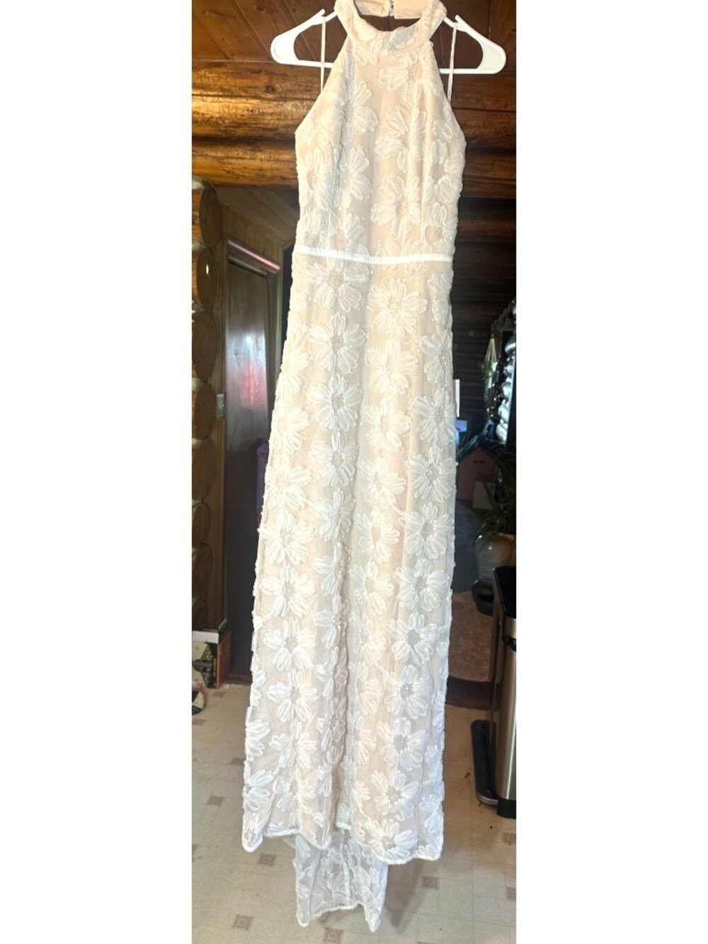 Lulus Ivory Floral Embroidered Maxi Dress With Lace-Up Back & High Neckline M